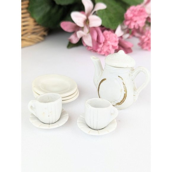 Antique White Porcelain Miniature Tea Set 9pc Dollhouse Tea Set Gold Trim 1900s - Picture 2 of 8